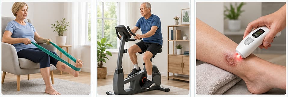 3‑Tipps Unterschenkelgeschwür tägliches Heimprotokoll: Widerstandsband, Ergometer, B‑Cure Softlaser wöchentlicher Rhythmus